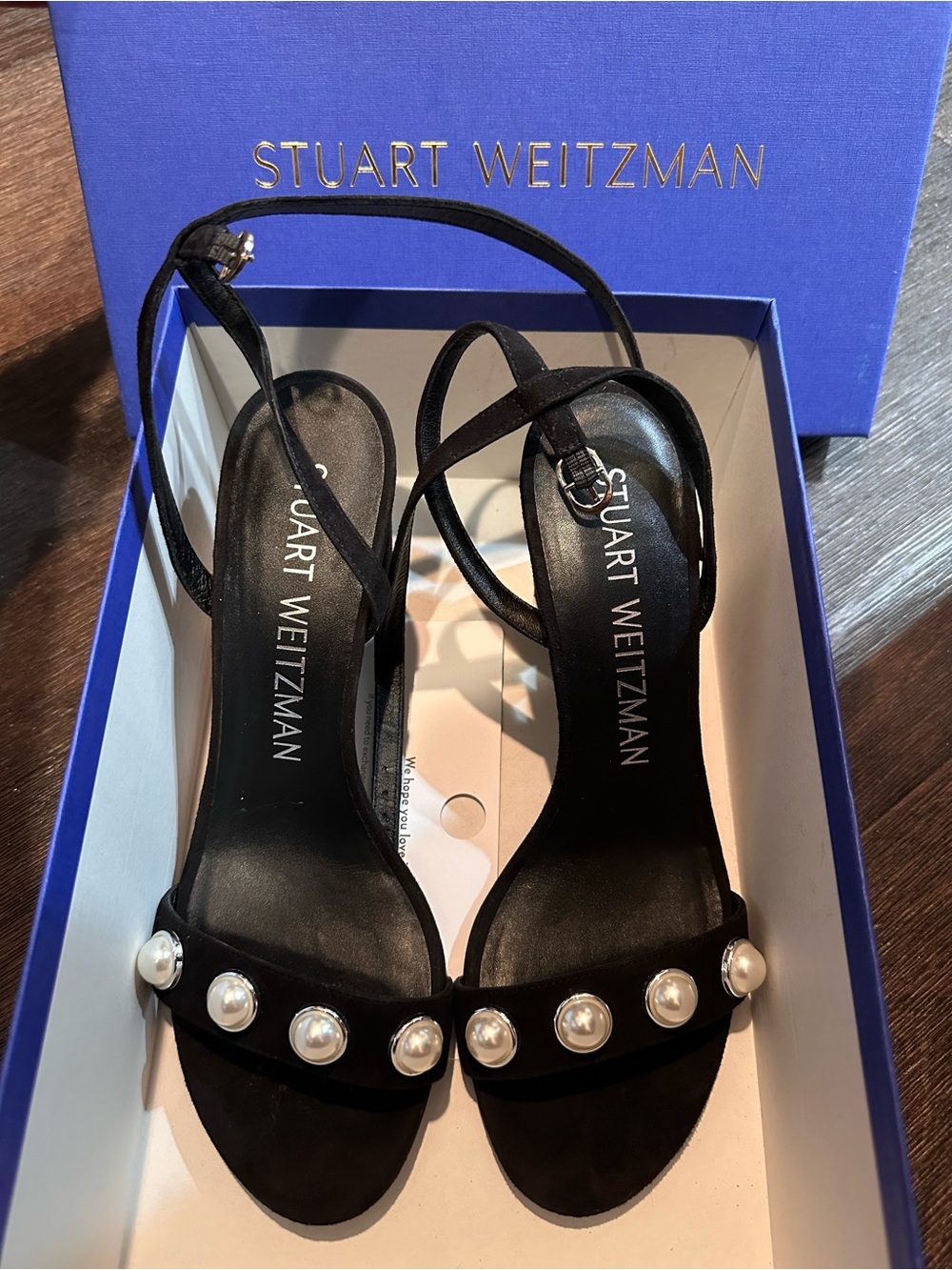 Stuart Weitzman Black Pearl-Accent Slingback Heels